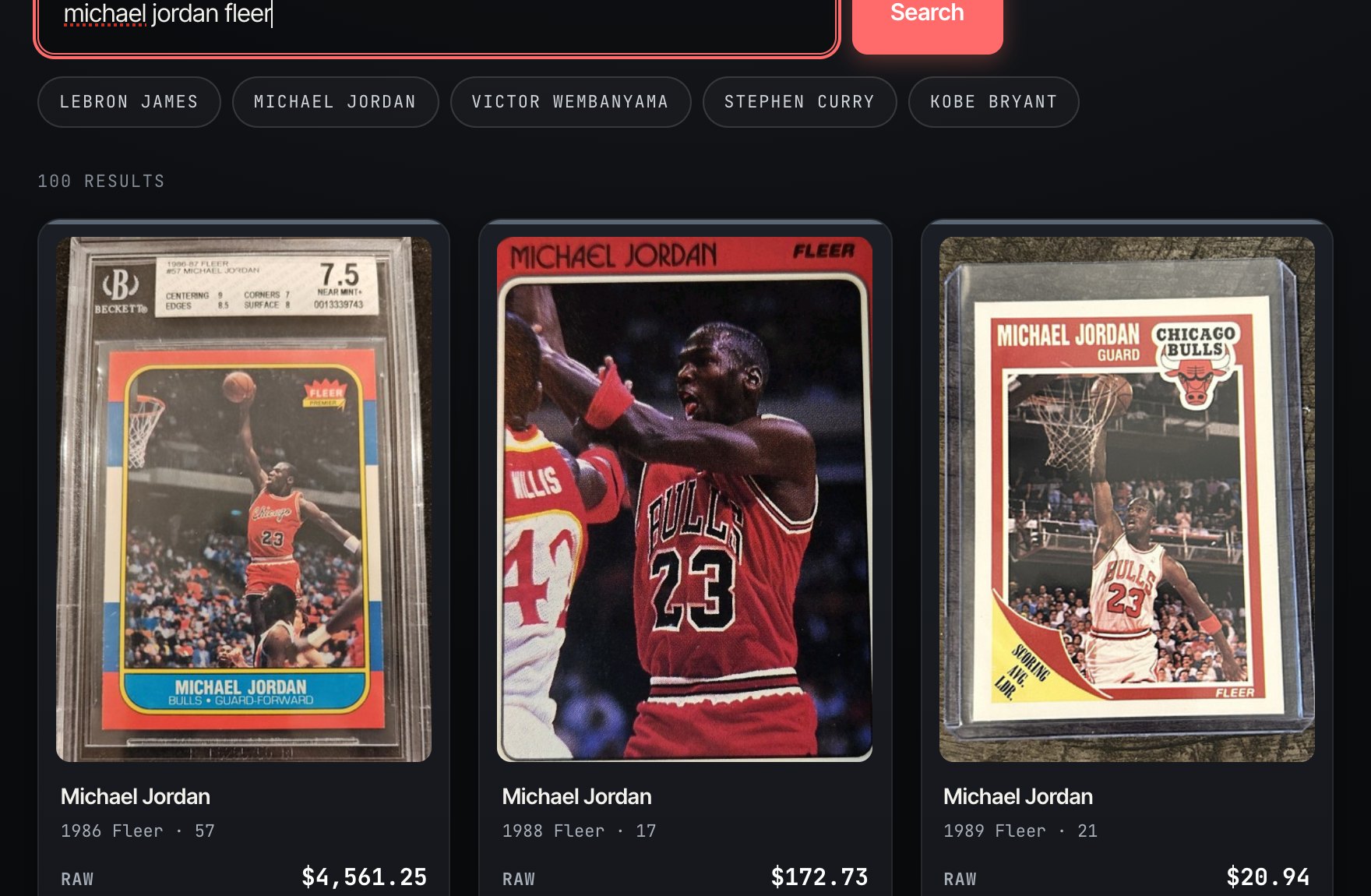 Basketball card search results with real photos and graded prices